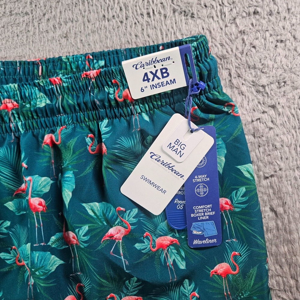 NWT Caribbean Swim Shorts Trunks Men's 4XB Lined‎ Zip Pocket Flamingo Leaf Green